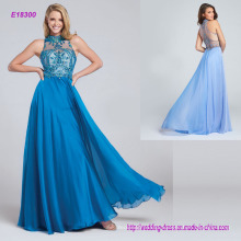 Sleeveless Two-Tone Chiffon Full A-Line Evening Dress with Hand-Beaded Illusion High Halter Neckline Over a Sweetheart Bodice and Beaded Illusion Racer Back